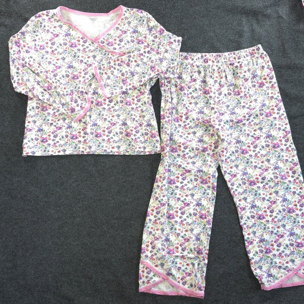 Garnet Hill Cottagecore Floral Pajama Set XL Green Cotton Loungewear Pink Purple